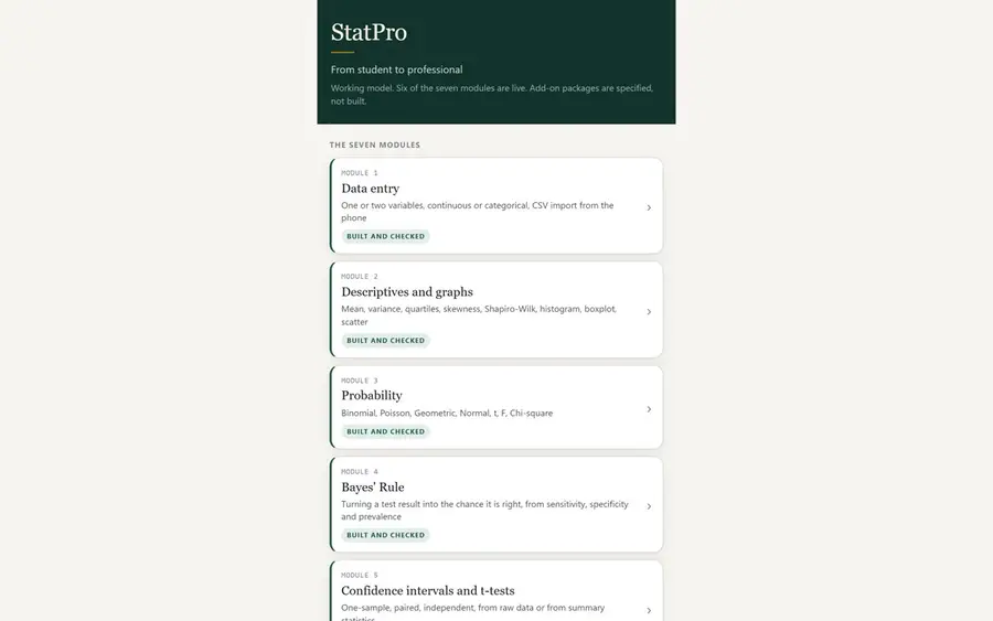 The StatPro app in build: a statistics problem with the worked steps shown.