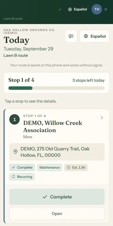 The Six Sharp field view on a phone: today's first stop and a Complete button, using made-up data.