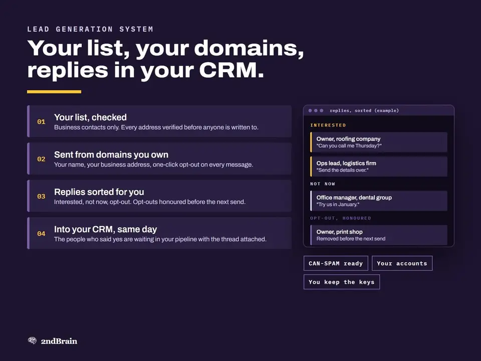 A four-step diagram: your list checked, sent from domains you own, replies sorted, into your CRM the same day.